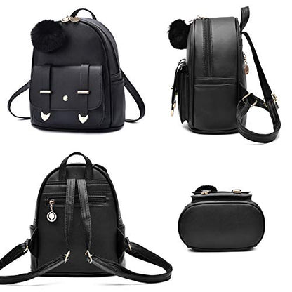 I IHAYNER Girls Fashion Backpack Mini Backpack Purse for Women Teenage Girls Purses PU Leather Pompom Backpack Shoulder Bag - color: Black