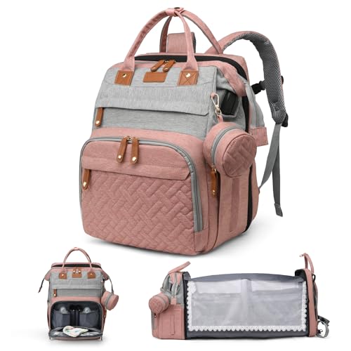 Diaper Bag Backpack with Changing Station, Waterproof for Travel, Gray Pink - color: Pink Grey