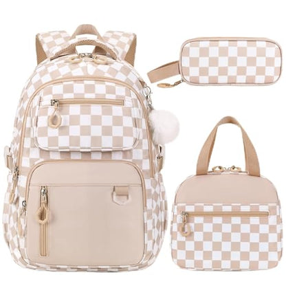 Bevalsa Backpack for Girls 3PCS Teen Girls Backpack for School with Lunch Bag Pencil Case Khaki Cute Kids Laptop Backpacks Bookbag for Elementary Middle High School College Student (Checkerboard) - color: Khaki Checkerboard