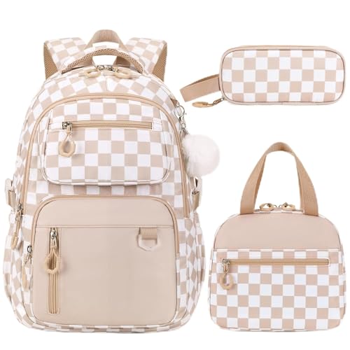 Bevalsa Backpack for Girls 3PCS Teen Girls Backpack for School with Lunch Bag Pencil Case Khaki Cute Kids Laptop Backpacks Bookbag for Elementary Middle High School College Student (Checkerboard) - color: Khaki Checkerboard