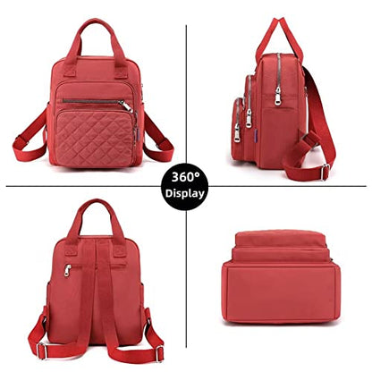 Small Backpack for Women Casual Quilted Square Bag Waterproof Multi Pockets Daypack Lightweight Top Handle Satchel - color: Burgundy