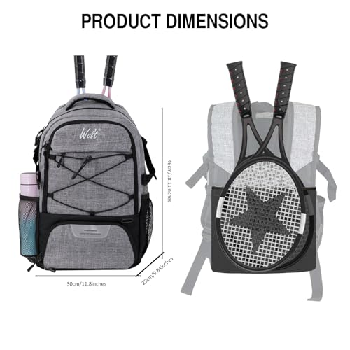 WOLT Tennis Bag - Large Tennis Racket Backpack for Men & Women - Ventilated Shoe Compartment - Holds 2 Rackets - color: Grey