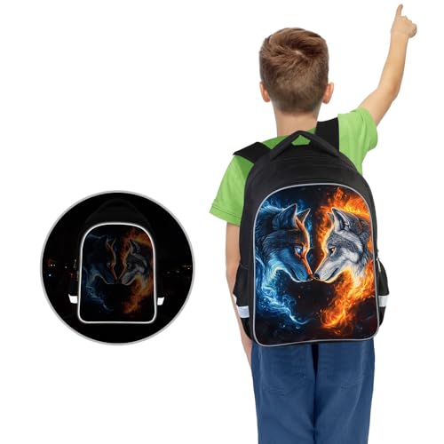 HiMagics Kids Backpack Lightweight Durable Teens Kids Backpack for School Boys and Girls Bookbag with Adjustable Shoulder Straps & Padded Back 17 Inch School bags with 3D Reflective Wolf Cartoon - color: A04-wolf