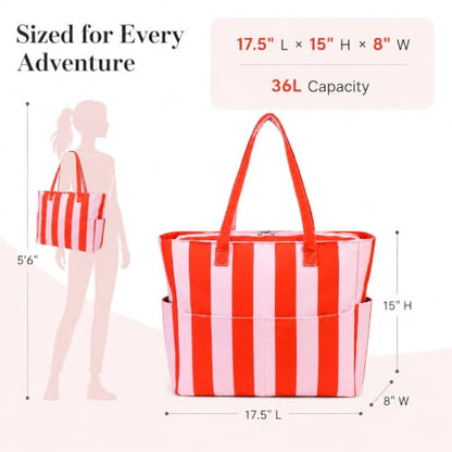 LEDAOU Beach Bag Waterproof Sandproof Women Beach Tote Pool Bag with Zipper for Swim Gym Grocery Travel with Wet Pocket | Sandproof - color: Pink & Orange Stripe