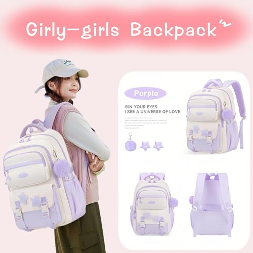 Kids Backpack for Girls, Teen Girls Backpack for Elementary Middle School Kids, with Star Pins and Furry Pendant, A08-Purple - color: A08-purple