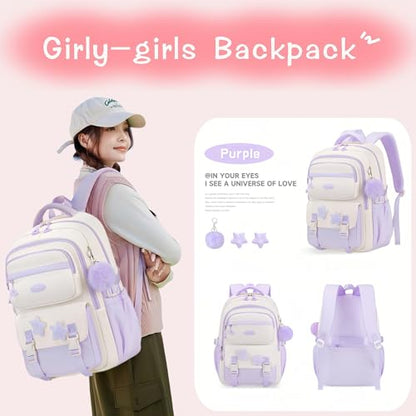 Kids Backpack for Girls, Teen Girls Backpack for Elementary Middle School Kids, with Star Pins and Furry Pendant, A08-Purple - color: A08-purple