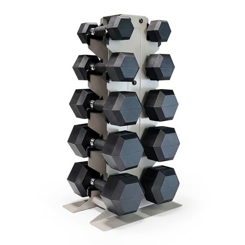 CAP Dumbbell Set with Rack, Rubber Coated Hex Free Weight Set | 100–300 lb Options, Vertical Space-Saving Storage for Home Gym Strength Training - size: 150 lb Set - Light Gray Rack, style: Comfort Handle