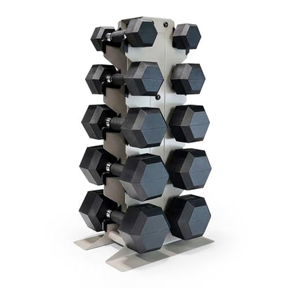 CAP Dumbbell Set with Rack, Rubber Coated Hex Free Weight Set | 100–300 lb Options, Vertical Space-Saving Storage for Home Gym Strength Training - size: 150 lb Set - Light Gray Rack, style: Comfort Handle