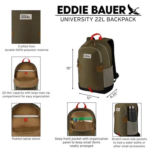 Eddie Bauer University Backpack 22L | Everyday Carry | Work | Travel | Commuter | Padded Laptop Sleeve | Stretch Bottle Pockets | Lightweight | Durable - Field Gold - color: University - Field Gold, size: 22L