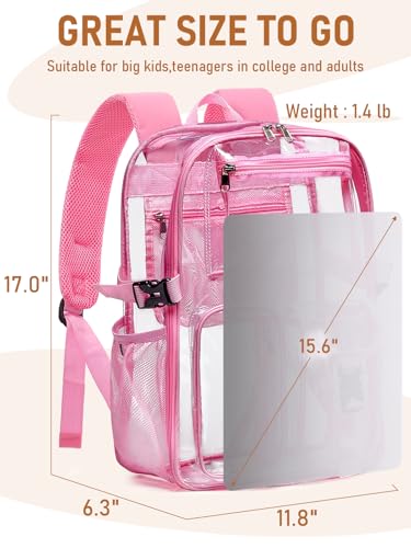 Clear Backpack Heavy Duty for Women Men Boys Girls, Large Clear Bookbag See Through Backpack for School College - color: 13-3#pink-3m Reflective Strips