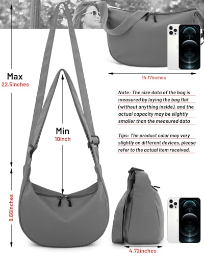 Crossbody Crescent Bag for Women Men Trendy, Crescent Sling Bag with Adjustable Strap, 2 Zippers Lightweight - color: Grey