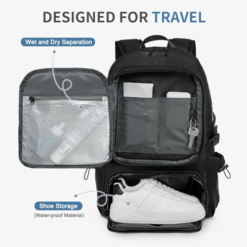 Travel Backpack 35L TSA Approved Carry on Backpack with Shoe Compartment & Wet/Dry Separation, Laptop Bag Fits 18.4 Inch Computer, Water Resistant Backpack for Men Women, Black - color: Standard Black