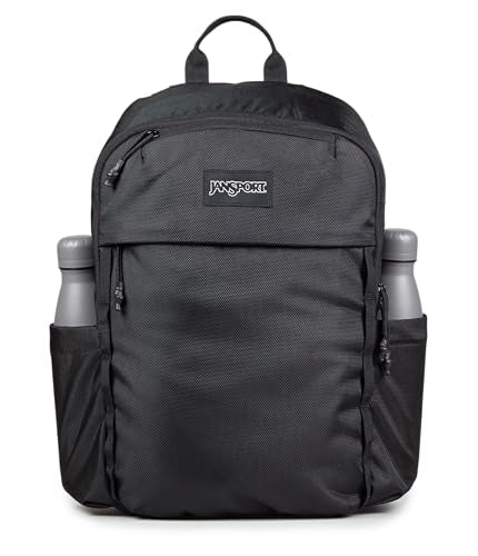 JanSport Venture Daypack – Travel Pack With Large Main Compartment, Padded Laptop Sleeve, Dual Water Bottle Pockets, and Attachment Buckles, Black - color: Black, style: Venture Daypack