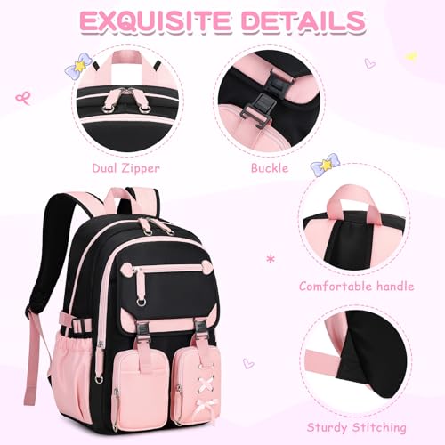 MOONBABY Girls Backpack with Lunch Box & Pencil Case for Kids Teens Bookbag for Elementary Primary Middle High School Daypack - color: Pink
