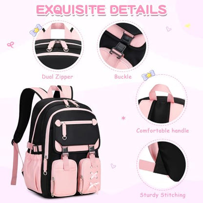 MOONBABY Girls Backpack with Lunch Box & Pencil Case for Kids Teens Bookbag for Elementary Primary Middle High School Daypack - color: Pink