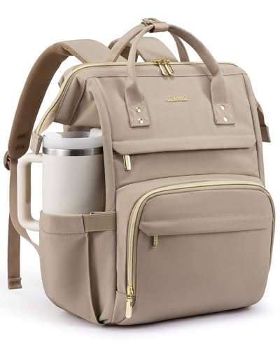 LOVEVOOK Laptop Backpack for Women with Giant Tumbler Holder Pocket,15.6 inch Waterproof Travel Backpack Purse Computer Laptop Bag,Large Professional Work College Nurse Teacher Backpack,Beige Apricot - color: Beige Apricot, size: 15.6-Cup