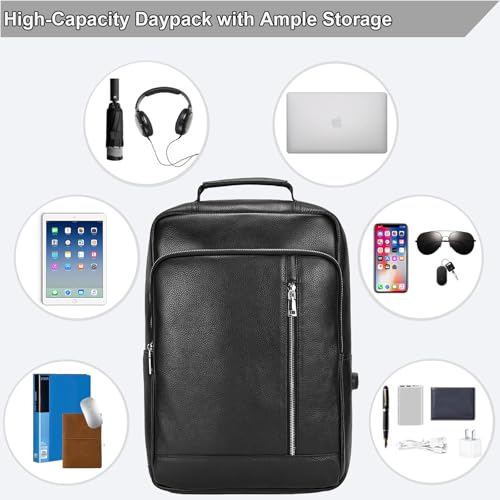 Genuine Leather 15.6 Inch Laptop Backpack for Men, Multi Pocket Slim Daypack Shoulder Bag with Trolley Sleeve for Business Travel (Black) - color: Y80&28y Black