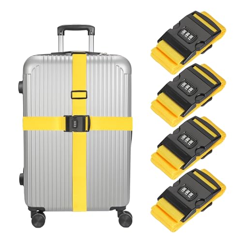 MECCANIXITY Luggage Straps with Combination Lock Adjustable Suitcase Belt Strap for Suitcase Briefcase Backpack Travel, Yellow, Pack of 4 - color: Yellow