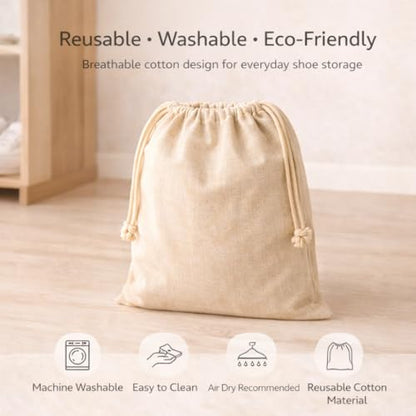 Cotton Shoe Bags with Drawstring | Dustproof, Washable Travel Shoe Pouch | Natural Canvas Organizer for Men & Women | Fits Sneakers, Sandals, Slippers | 14” x 17” (Pack of 3) - color: Cotton, style: Pack 3