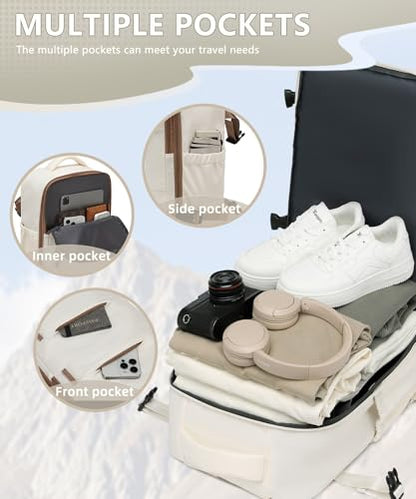 Travel Backpack w/Vacuum Compression (w/Pump) - Carry-On, 18x14x8 In, Multi-Comp Laptop Bag (米白色) - color: Off-white