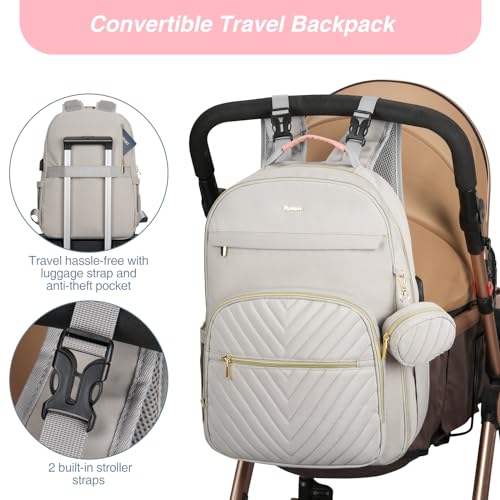 MOMUVO Diaper Bag Backpack, Quilted Baby Bag with Changing Pad and Stroller Straps and Pacifier Case, Multifunction Waterproof Travel Diaper Bags, Unisex, Light Grey and Pink - color: Lgrey Pink