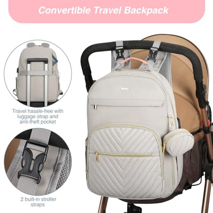 MOMUVO Diaper Bag Backpack, Quilted Baby Bag with Changing Pad and Stroller Straps and Pacifier Case, Multifunction Waterproof Travel Diaper Bags, Unisex, Light Grey and Pink - color: Lgrey Pink