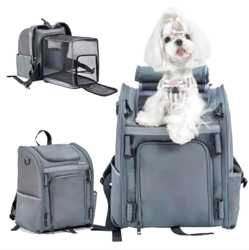 Expandable Pet Carrier, Airline-Approved Foldable and Detachable Backpack, Fits 13lbs Cat&11lbs Small Puppy Dog, for Car Travel,Camping and Emergency Transportation and Shelter (Grey)