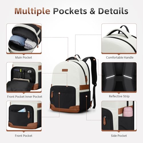 RealCool 15.6-17.3" Laptop Backpack, 31L Water Resistant Travel Bag | Independent frame opening, lightweight ,multi-compartments, ergonomic padded straps, luggage belt, for School,Business Trip - color: Beige-black