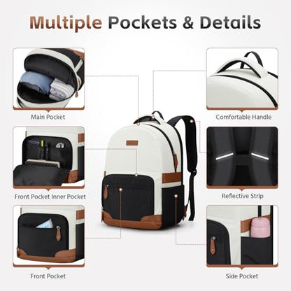 RealCool 15.6-17.3" Laptop Backpack, 31L Water Resistant Travel Bag | Independent frame opening, lightweight ,multi-compartments, ergonomic padded straps, luggage belt, for School,Business Trip - color: Beige-black