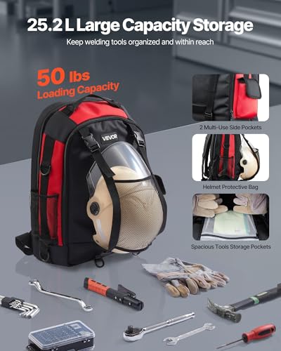 VEVOR Welding Backpack, 25.2L Welder Backpack for Tools and Helmet, 1680D High-Density Polyester Extreme Gear Pack with Helmet Bag, Multi-Purpose Gear Storage Bag for Welding, Outdoor Camping, Hiking - style: 1680D High-Density Polyester