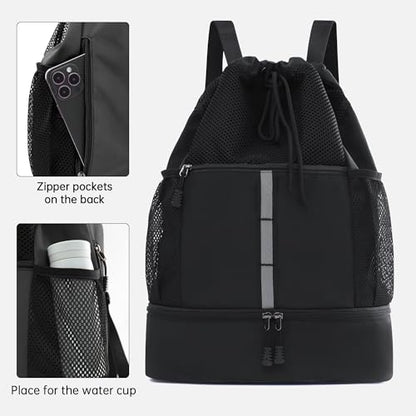 Sports Drawstring Backpack Swim Gym Bag with Wet Proof Pocket and Shoe Compartment for Men Women