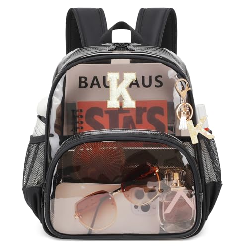 PIG PIG GIRL Clear Backpacks for Stadium Events Approved 12×6×12 Clear Bookbag for Women Mini Transparent Letter Back Pack, Semi-black, Letter-K - color: Semi Black, style: K