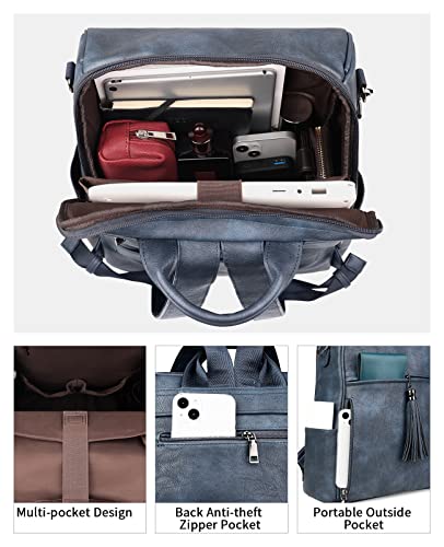 FADEON Leather Laptop Backpack for Women Designer 15.6 inch PU Laptop Bag, Ladies Travel Computer Work Backpack Blue - color: Dusty Blue Retro Style