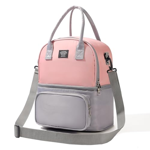 Double Deck Lunch Bag Insulated Leakproof with Backpack Straps, Lunch Bag Women Men Soft Waterproof for Work Travel Beach Picnic, Pink - color: Pink-4, size: Double Deck