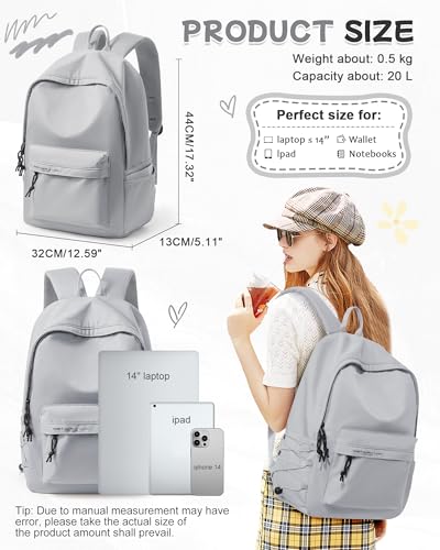 BJLFS Light Grey Cute School Backpack with Laptop Compartment Small Travel Laptop Backpack for Women Men Waterproof College Backpack Simple School Bag for Teens Girls Boys - color: Light Grey