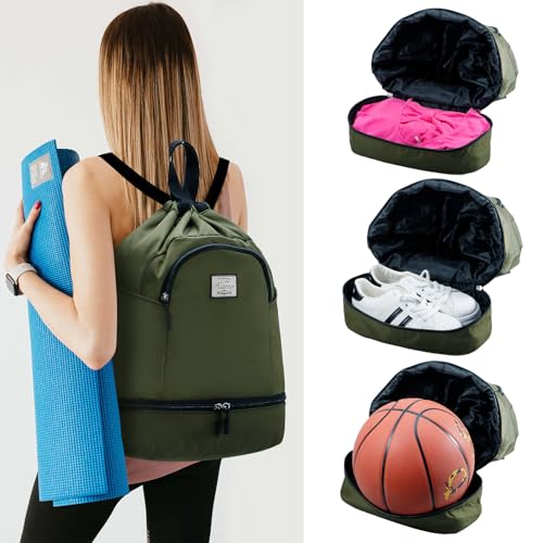 Kamo Drawstring Backpack Bag - Sport Swimming Yoga Backpack with Shoe Compartment, Two Water Bottle Holder for Men Women Large String Backpack Athletic Sackpack for Travel - color: Matcha Green