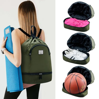 Kamo Drawstring Backpack Bag - Sport Swimming Yoga Backpack with Shoe Compartment, Two Water Bottle Holder for Men Women Large String Backpack Athletic Sackpack for Travel - color: Matcha Green