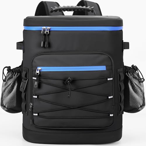 Large 52cans Cooler Backpack, Insulated, Waterproof, Leak Proof, 30L Large Capacity - color: Black, Blue Zipper