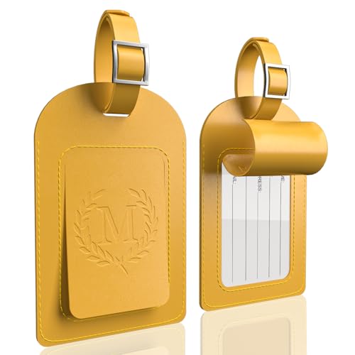 Alphabet Luggage Tags, 3 Pack Yellow Initial Bag Tags with Privacy Cover & Replaceable ID Card, Faux Leather Suitcase Tags for Travel, Flights & Cruises - style: Letter I