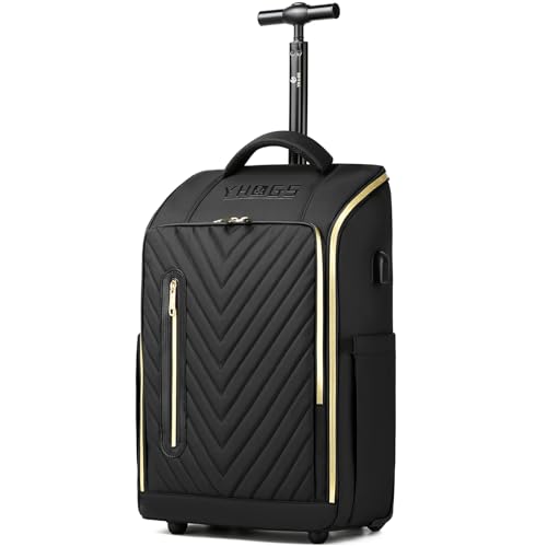 Rolling Backpack Waterproof Commuter Backpack with Wheels for Business, Laptop Compartment for 15.6-Inch Laptop, Wheeled Carry-On Bag for Adults - color: Gold Black