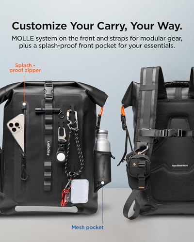 Spigen for Waterproof Backpack IPX6, 35L Roll Top Travel Rucksack Fits up to 16 Inch Laptop, Multi-Compartment Bag Ventilated Back, Chest Strap Hiking, Camping, Swimming, Canoeing, Fishing - color: Black (A650 35L)
