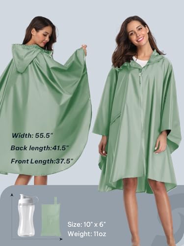 SaphiRose Unisex Rain Poncho Waterproof Raincoat Hooded for Adults Women with Pockets - color: Green
