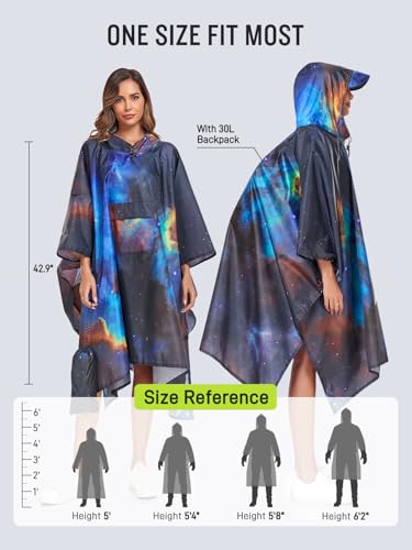 SaphiRose Extra Thick Hooded Rain Poncho Double Layer Waterproof Raincoat Jacket for Men Women Adults - color: Universe Galaxy
