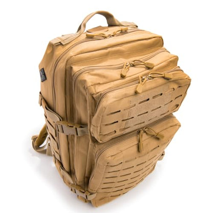 Large Laser-cut MOLLE Backpack with Pistol Retention System, Tan, Modular and Lightweight Design for EDC, Range, or Tactical Use - color: Tan