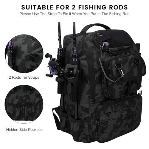 Hp hope Fishing Backpack with Rod Holders & Cooler, 40L Fishing Tackle Bag Fishing Tackle Storage Backpack Fishing Gear for Camping, Black Camo - color: Black Camo