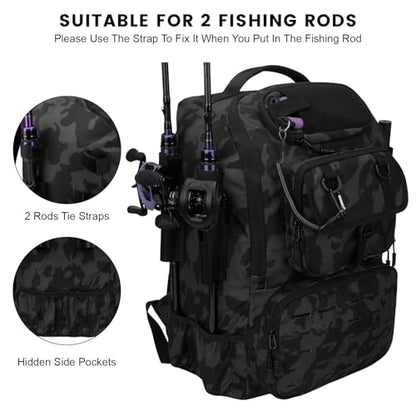 Hp hope Fishing Backpack with Rod Holders & Cooler, 40L Fishing Tackle Bag Fishing Tackle Storage Backpack Fishing Gear for Camping, Black Camo - color: Black Camo