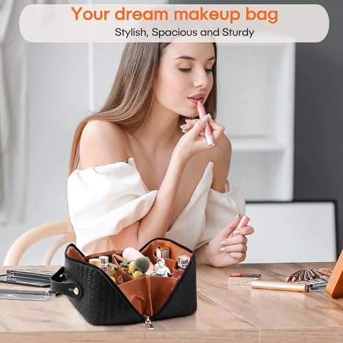 ALEXTINA Travel Makeup Bag, Woven PU Leather Cosmetic Bag, Black - color: black woven, size: Medium