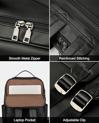 MASINTOR 15.6 inch PU Leather Laptop Backpack Purse for Women, Large College Casual Backpack Travel Bag Black - color: Black