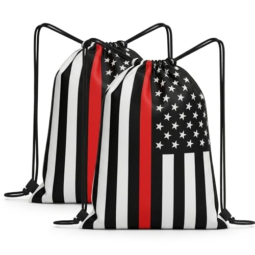 Thin Red Line American Flag Drawstring Backpack, Lightweight Cinch String Sports Sackpack for Men & Women,pack of 2 - color: Americanflag-red Stripe