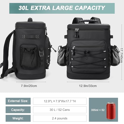 Large 52cans Cooler Backpack, Insulated, Waterproof, Leak Proof, 30L Large Capacity - color: Black, Black Zipper